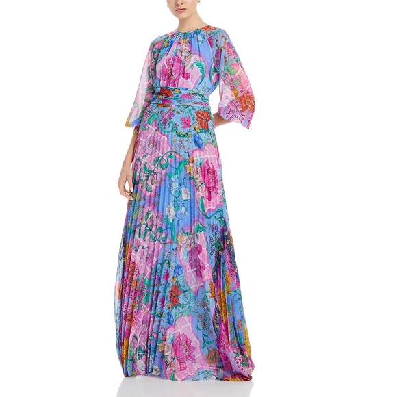 open lace back dress Patchwork Print Pleated Maxi Gown main image 1